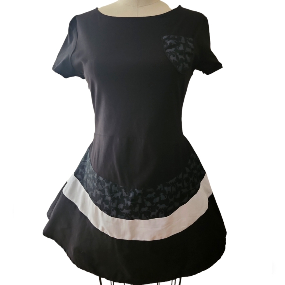 Black, White & Gray Flared Dress with Cat Print - Kiitsch Couture - size M
